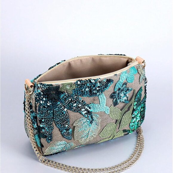 Women's Beaded Floral Evening Clutch Bag Small Crossbody Party Purse - Picture 4 of 5